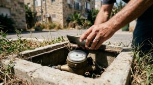 קריאת מד מים בארון מונים פתוח בכניסה לבניין